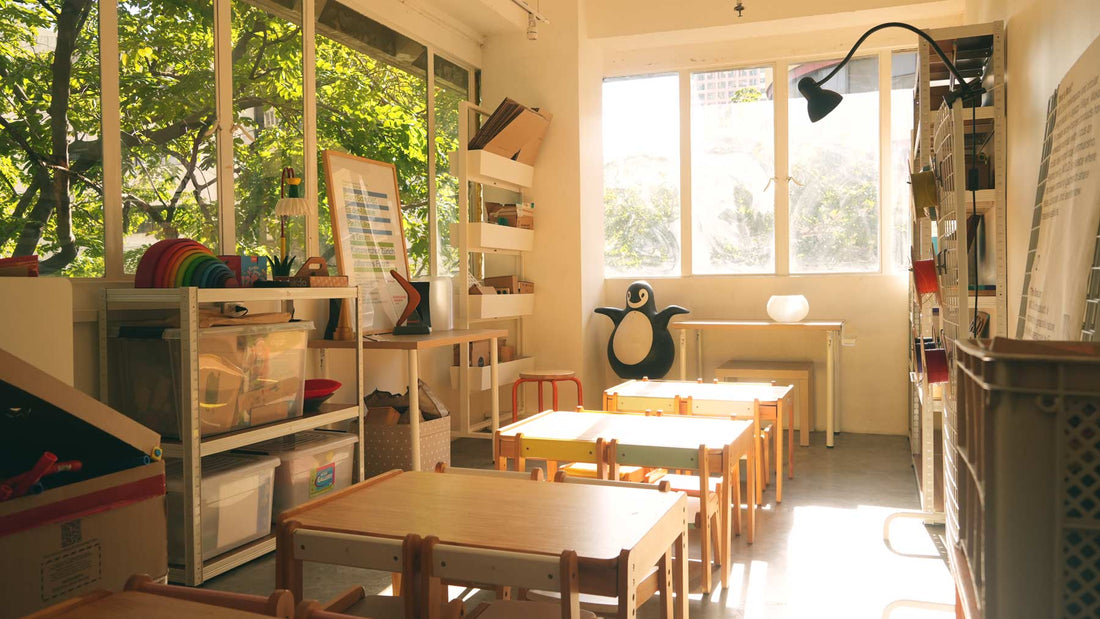 An empty kids classroom bathed in warm ambient light