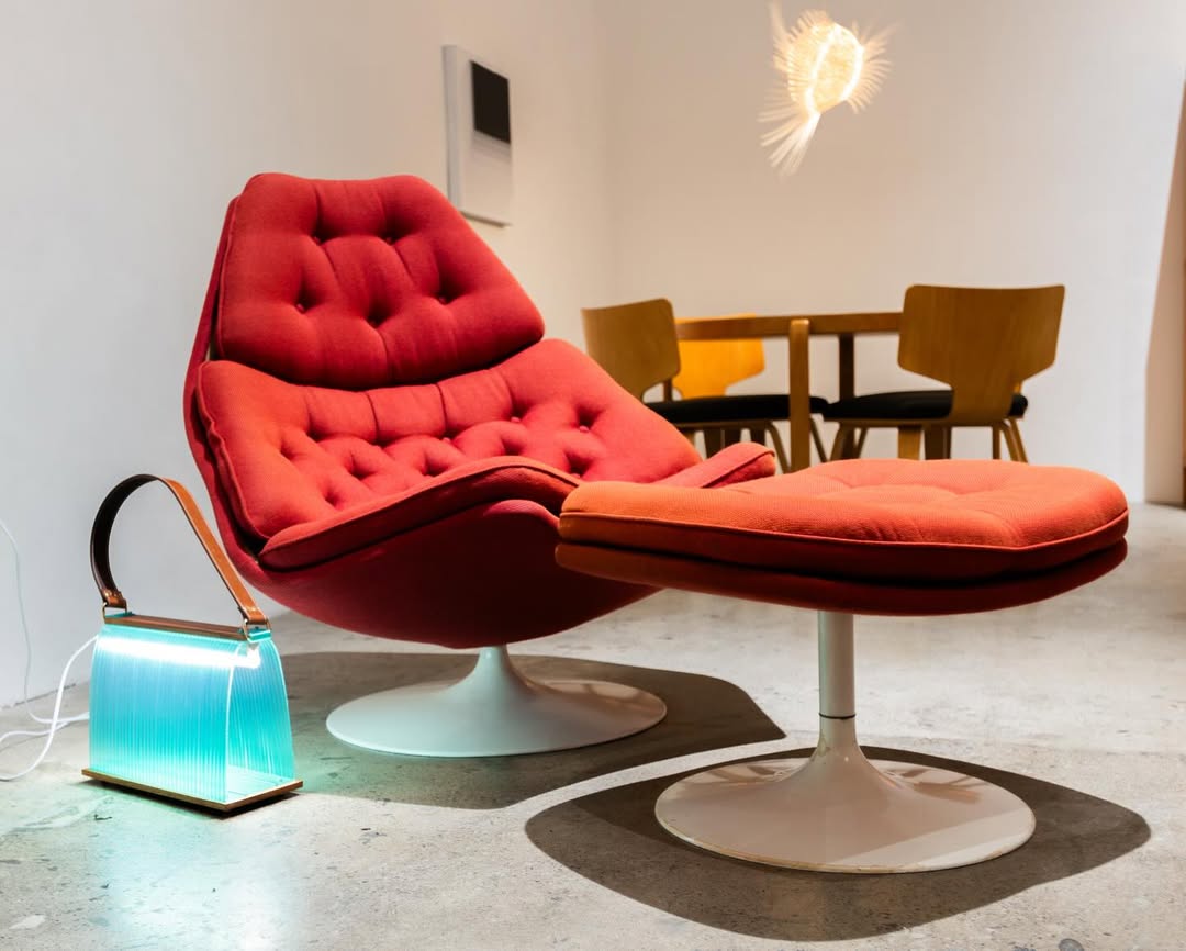 Red lounge chair with ottoman in a modern room setting